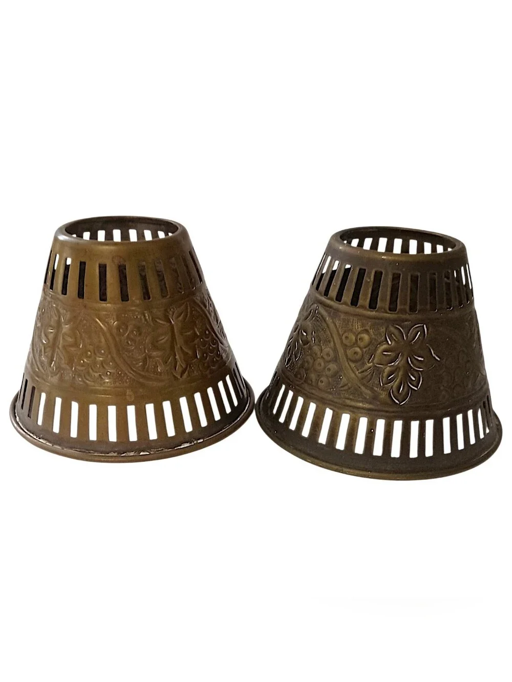2 Vintage Brass Candle Votive Shades Pair Pierced Embossed Grape Floral Patina